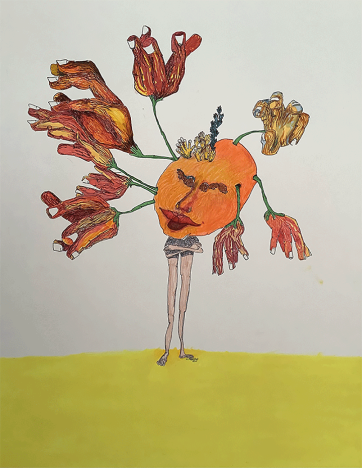Color artwork with a fantastical figure with tulip like flowers created from hands.