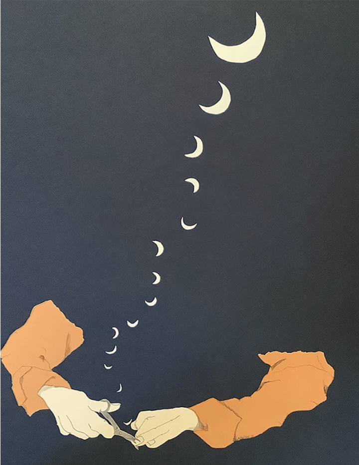 A cut paper and ink drawn collage with cut fingernails morphing into a crescent moon.