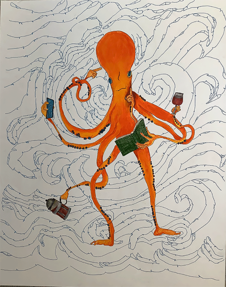 Ink and color marker drawing of an octopus, with waves in the background created by hands.