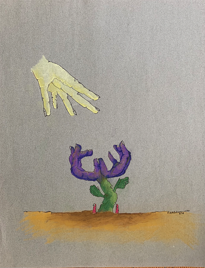 Purple plant growing toward ivory hand.