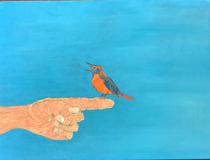 Painting of a blue background bird on human finger
