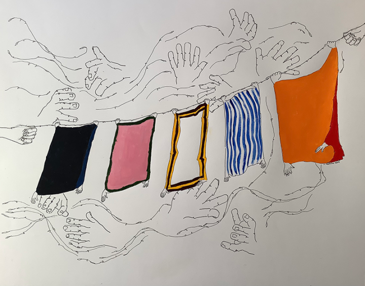 Color and ink drawing of a loaded clothes line, with line drawn hands that look like wind in the backgrounds.