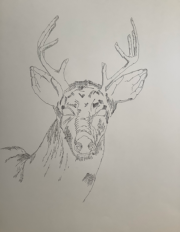 A deer with horns and ears made of hands.