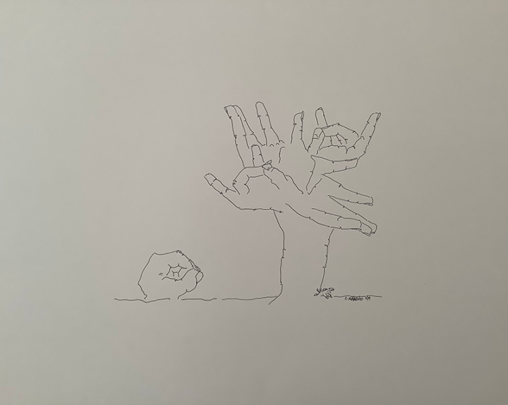 Black and white drawing of a tree and a rock formed with hands.
