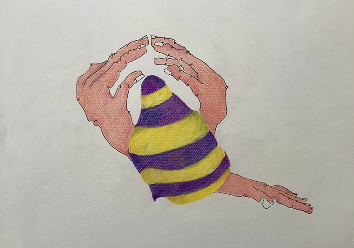 Drawn purple and yellow bubble with three hands.