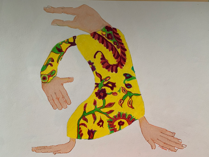 Drawn yellow figure with four hands.