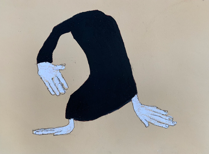 Drawn black figure with three white hands.